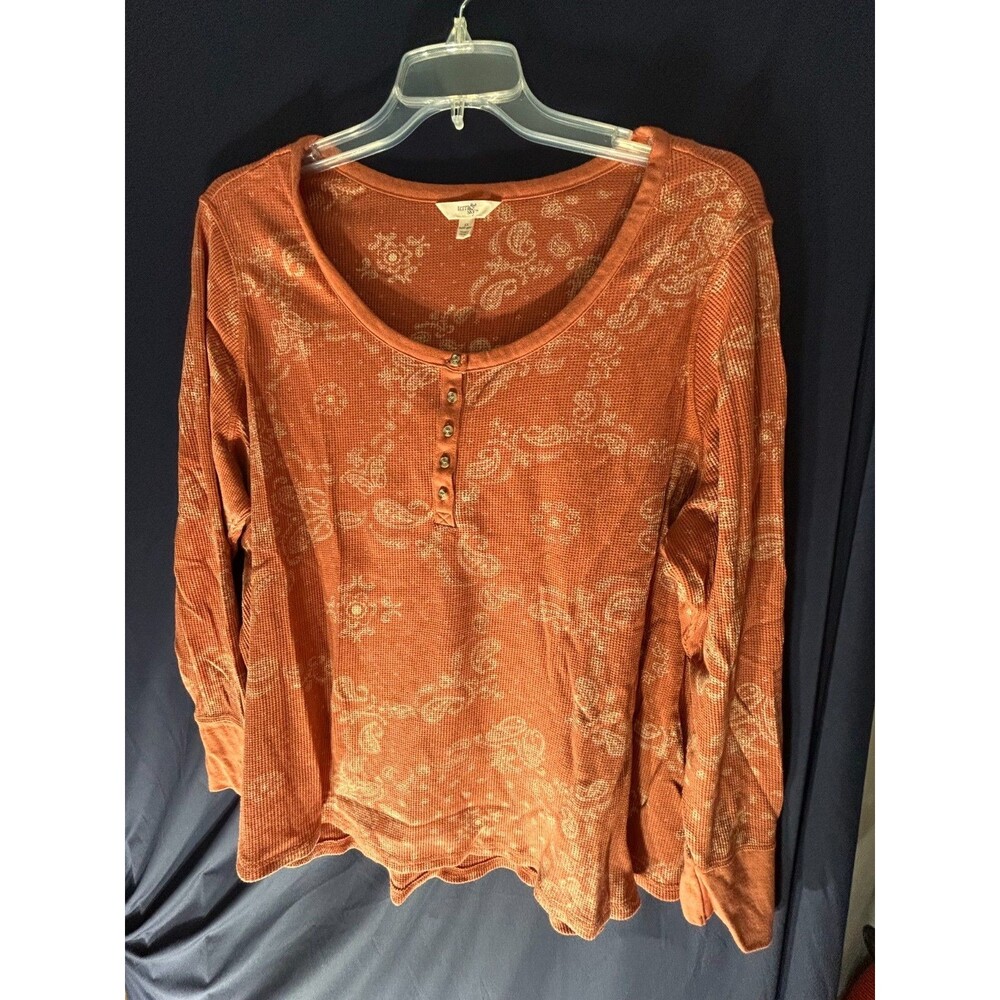 Terra & Sky 3X Henley Top Orange Paisley Thermal Knit Shirt Plus Size 24W 26W